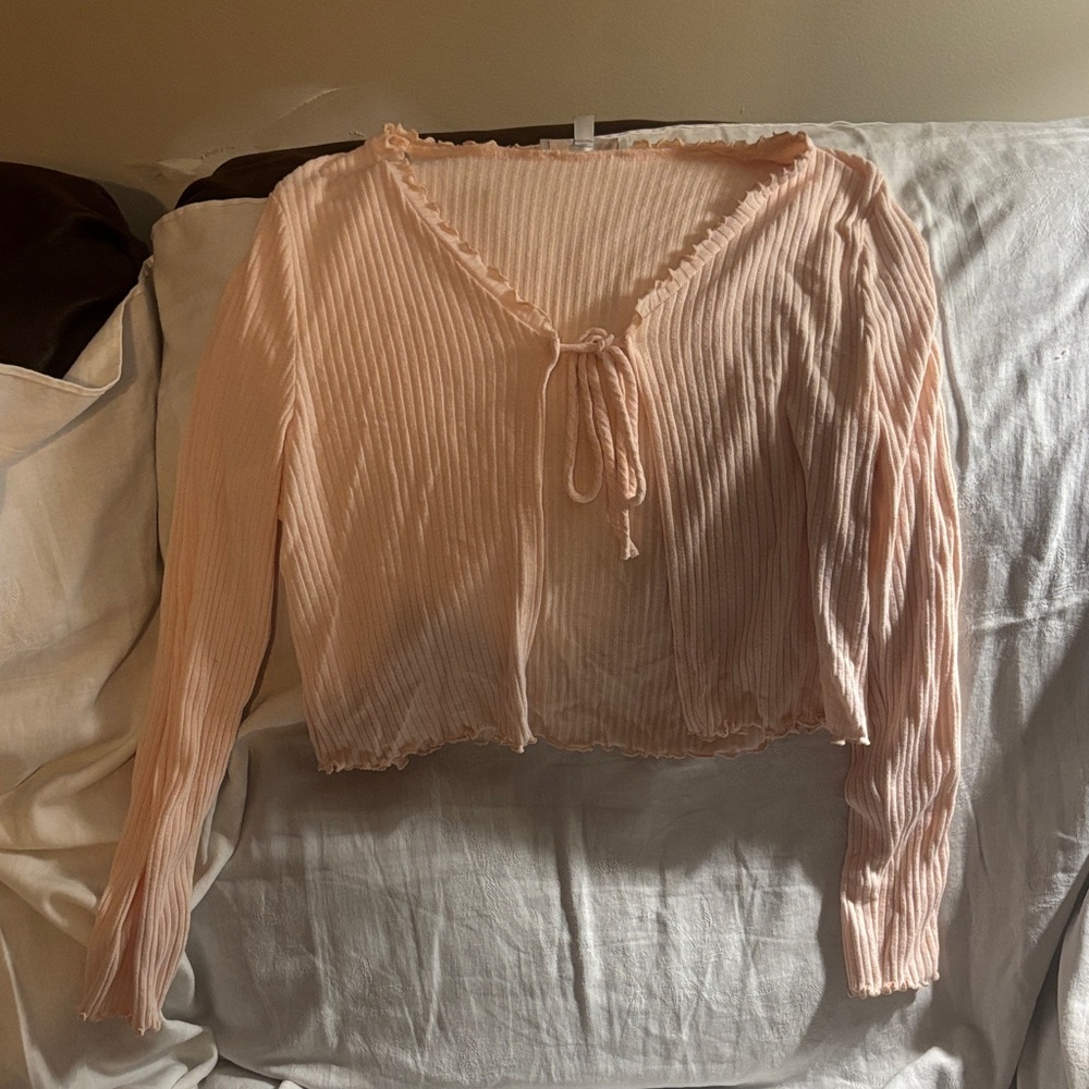 Gaze Blush Ribbed Tie-Front Cardigan
